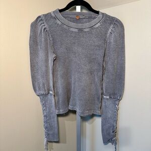 Free People Charcoal Tasha Thermal‎ Waffle Balloon Lace-Up Sleeve Shirt size XS